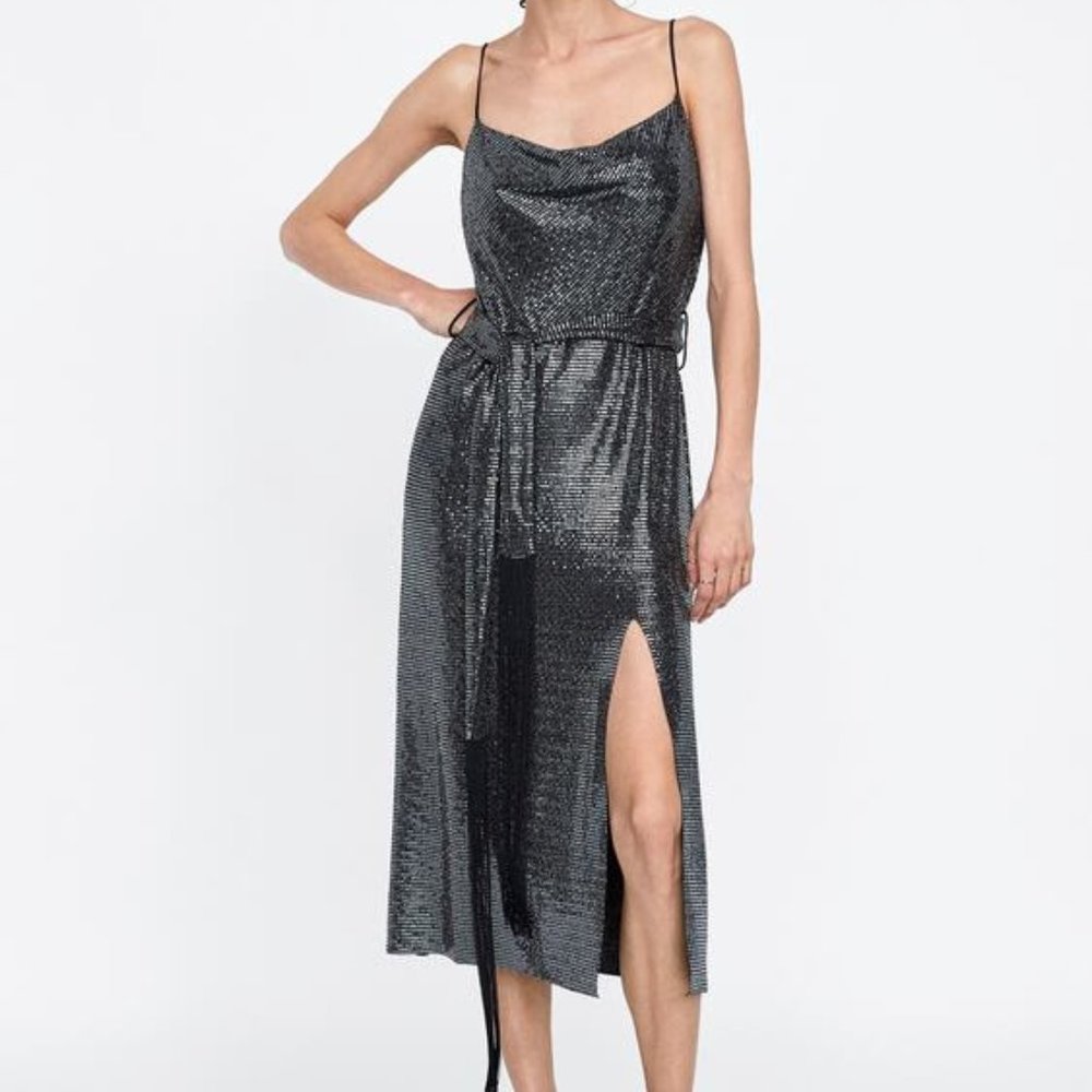 ZARA Gunmetal Silver Shiny Belted Dress